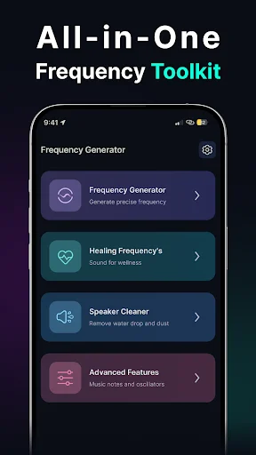 All-in-One Frequency Toolkit menu with Frequency Generator, Healing Frequencies, Speaker Cleaner, and Advanced Features