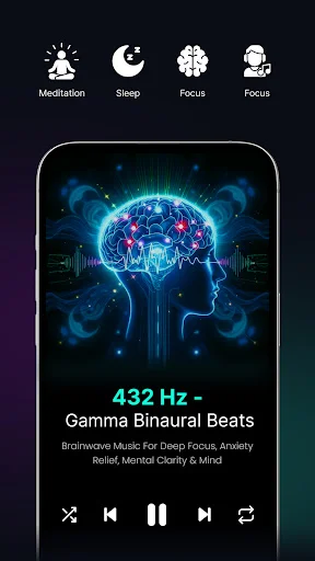 432 Hz Gamma Binaural Beats music player with meditation, sleep, focus icons and illuminated brain visualization for anxiety and mental clarity