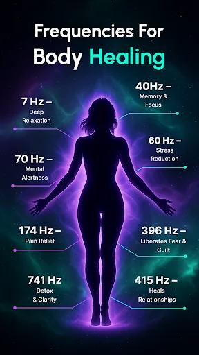 Human silhouette showing body healing frequencies: 7 Hz relaxation, 70 Hz alertness, 174 Hz pain relief, 741 Hz clarity, and more