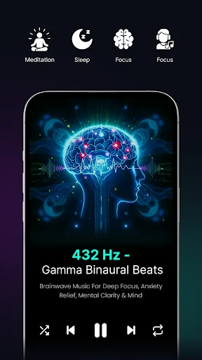 Hz Frequency player with 432 Hz Gamma Binaural Beats, brain visualization, and meditation, sleep, focus category icons