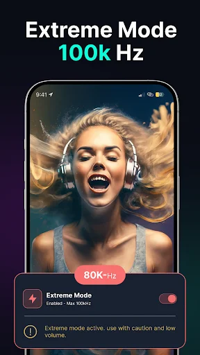 Extreme Mode 100k Hz frequency player showing woman with headphones and extreme frequency mode toggle control