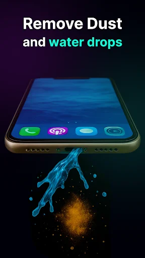 Phone speaker cleaner showing water and dust removal visualization with blue liquid splash effect for device maintenance