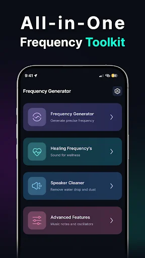 All-in-One Frequency Toolkit menu with Frequency Generator, Healing Frequencies, Speaker Cleaner, and Advanced Features