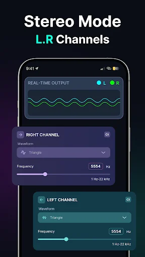 Stereo Mode L.R Channels with real-time waveform output and independent left and right frequency controls