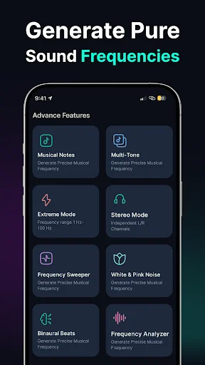 Advanced Features grid: Musical Notes, Multi-Tone, Extreme Mode, Stereo, Frequency Sweeper, Binaural Beats, Pink Noise, Analyzer