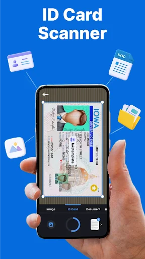 ID Card Scanner app showing mobile phone scanning driver's license with OCR technology on blue background