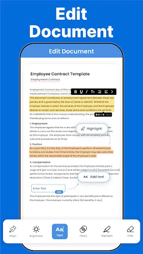 Edit Document screen showing Employee Contract Template with text highlighting and formatting tools