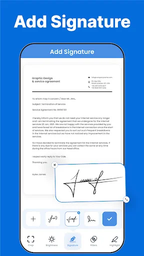 Add Signature feature displaying handwritten signature on business document with editing toolbar