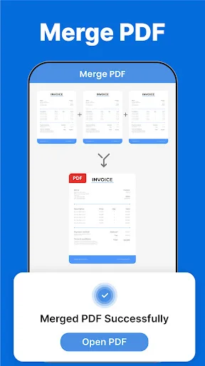 Merge PDF feature combining multiple invoice documents into single PDF file with success confirmation