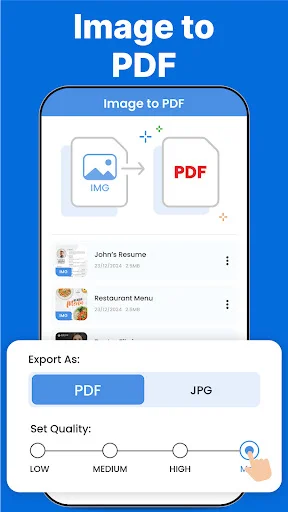 Image to PDF converter showing file conversion with quality settings and export format options