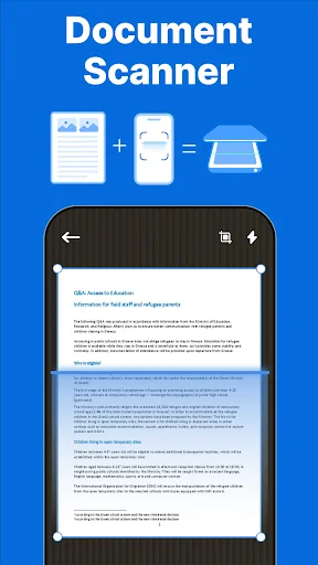 Document Scanner feature displaying multi-page document scanning interface with scan icons and blue interface