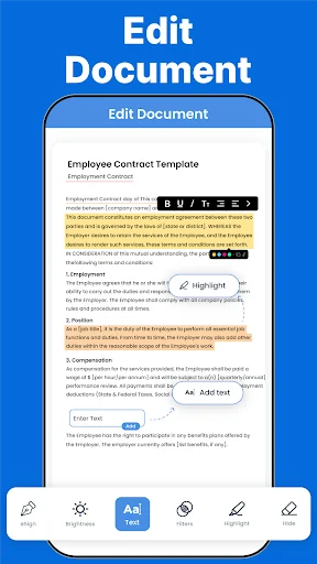 Edit Document screen showing Employee Contract Template with text highlighting and formatting tools