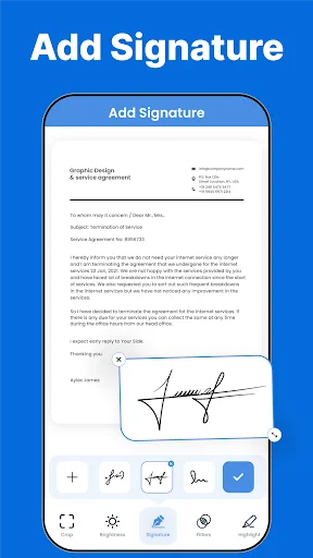 Add Signature feature displaying handwritten signature on business document with editing toolbar