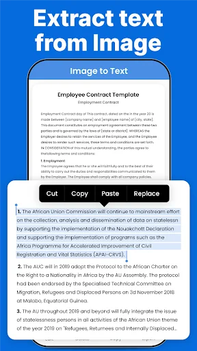 Extract text from image using OCR technology with Cut, Copy, Paste, and Replace text editing options