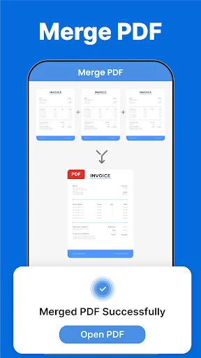 Merge PDF feature combining multiple invoice documents into single PDF file with success confirmation