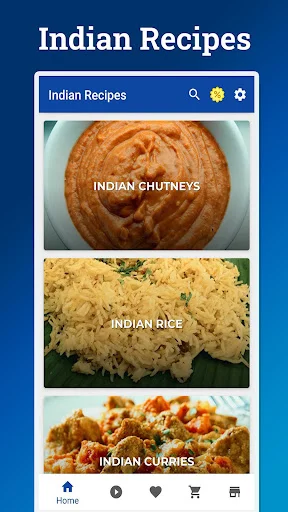 Indian Recipes app home screen displaying recipe categories: Indian Chutneys, Rice, and Curries with navigation menu