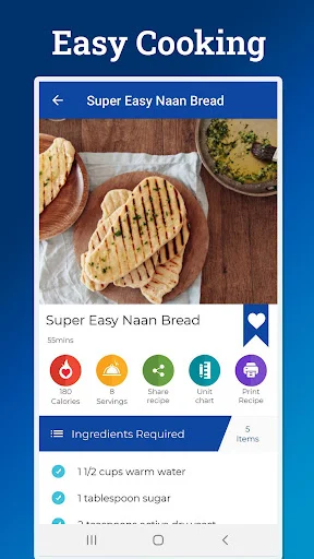 Super Easy Naan Bread recipe details showing ingredients, nutrition facts, servings, and cooking instructions