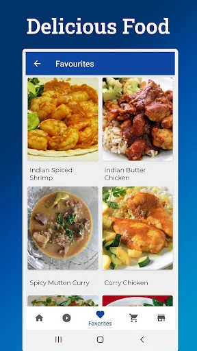 Favorites screen showing saved Indian recipes: Indian Spiced Shrimp, Butter Chicken, Mutton Curry, Curry Chicken