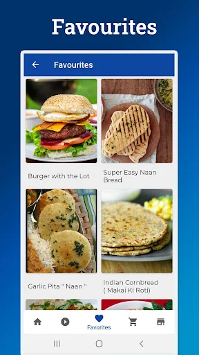 Favorites page displaying saved recipes: Burger with Lot, Naan Bread, Garlic Pita Naan, Indian Cornbread