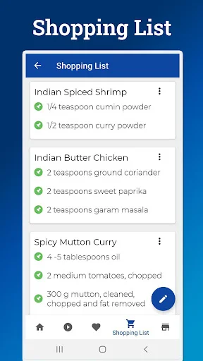 Shopping List with grouped ingredients from recipes: Spiced Shrimp, Butter Chicken, Mutton Curry with checkmarks