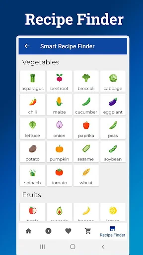 Smart Recipe Finder ingredient search showing vegetables and fruits icons for discovering Indian recipes