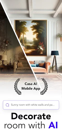 Casa AI Deco home screen showing room before and after AI design transformation, with search prompt box to 'Decorate room with AI'