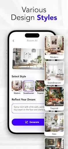 Mobile app interface displaying various interior design styles including Modern, Scandinavian, Tropical, and Ikea options with purple Generate button