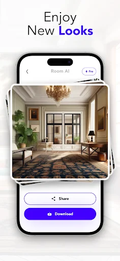 AI-generated luxury room design result displayed on phone screen with elegant decor preview, Share and Download buttons for interior design