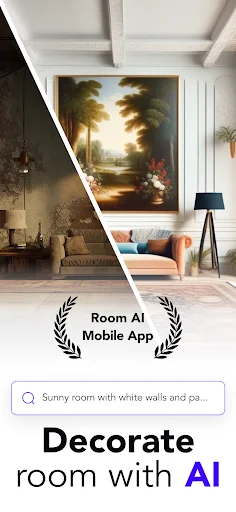Casa AI Deco room redesign app home screen with room transformation comparison and AI decoration search prompt feature