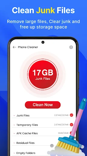 Phone Cleaner junk files removal showing 17GB storage occupied, Clean Now button, and categorized file types