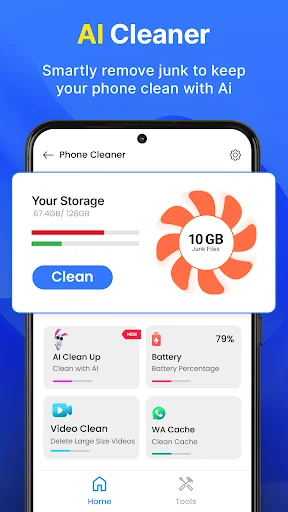 AI Cleaner home screen with 10GB storage overview ring chart, Clean button, and multiple cleaning tools