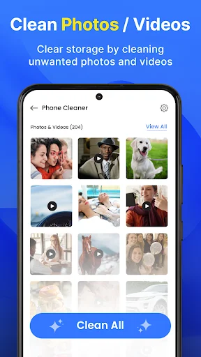 Photos and Videos cleaner interface displaying grid of 9 media files with Clean All button to remove
