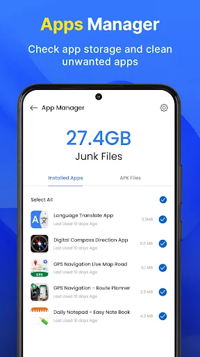 Apps Manager showing 27.4GB junk files from installed apps with select and delete options for each app