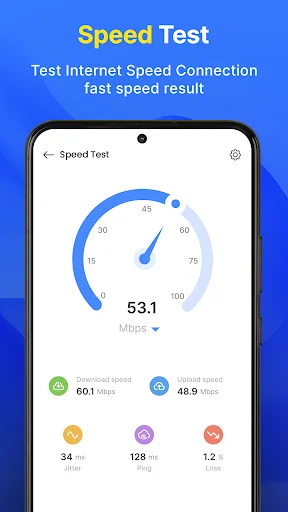 Speed Test results displaying 53.1 Mbps connection gauge with download, upload, ping, and data loss metrics