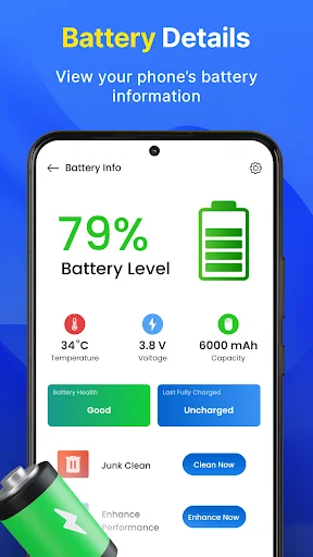 Battery Details screen showing 79% charge level, temperature, voltage, capacity, and cleaning/performance options