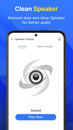 Speaker Cleaner interface with Sound tab selected, speaker icon visualization, and Play Now button