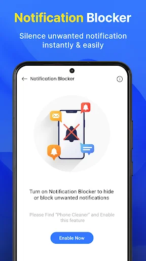 Notification Blocker main screen showing blocked notifications icons and Enable Now button to block unwanted alerts