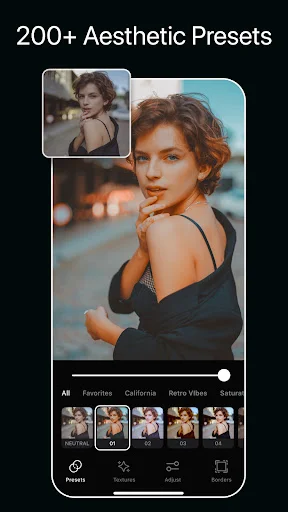 LR Presets photo editor app showing 200+ aesthetic presets with before-after comparison and filter categories
