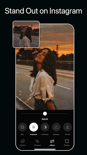 Instagram photo editor with exposure adjustment tools including blur, contrast, sharpen and clarity settings