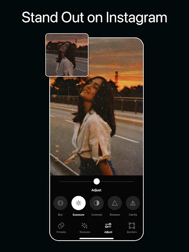 Photo editing app for Instagram with advanced exposure controls and real-time before-after preview