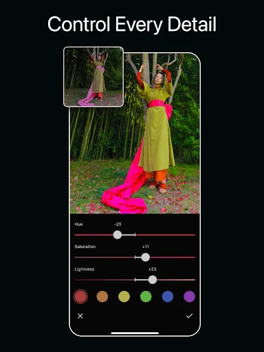 Detail photo editor with hue, saturation, lightness sliders and color grading tools for professional edits