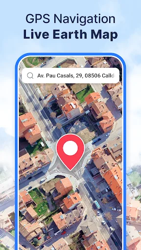 GPS Navigation app home screen with aerial map view, red location pin, and search bar for address lookup
