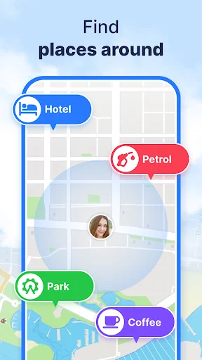 Find nearby places interactive map showing Hotel, Petrol, Park, and Coffee location categories