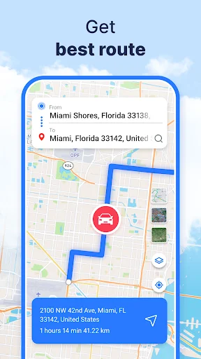 Navigation route planner showing Miami to Miami route with blue path, distance, and travel time