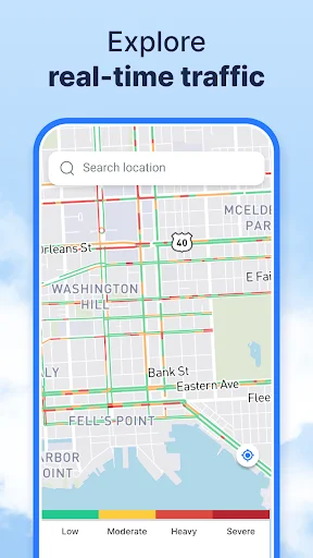 Real-time traffic map display with color-coded congestion levels from Low to Severe