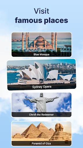Famous landmarks gallery featuring Blue Mosque, Sydney Opera, Christ the Redeemer, and Giza Pyramids
