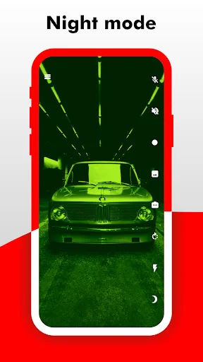 Night mode shows infrared thermal imaging of vehicle in green for dark environment CCTV surveillance capability