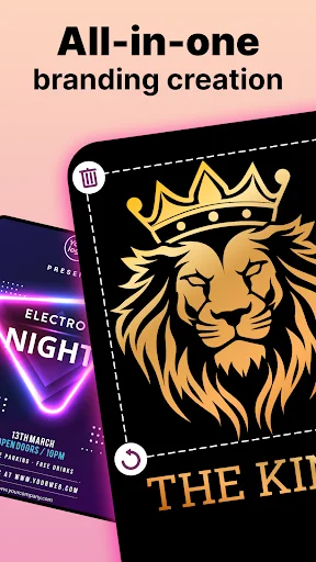 Logo Maker app showcasing all-in-one branding with golden lion crown logo and neon event poster templates