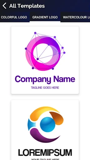 Colorful and gradient logo design templates with editable company names and taglines for businesses