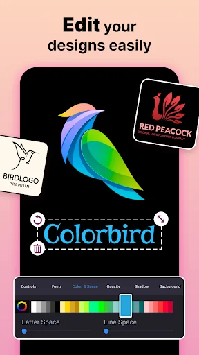 Logo editor interface showing colorful bird design with color palette and customization tools for easy editing
